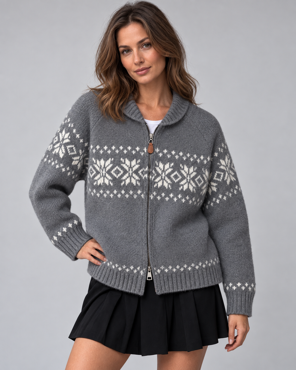 Women's Fair Isle Snowflake Zip-Up Cardigan – Ribbed Collar Two-Way Zip Sweater