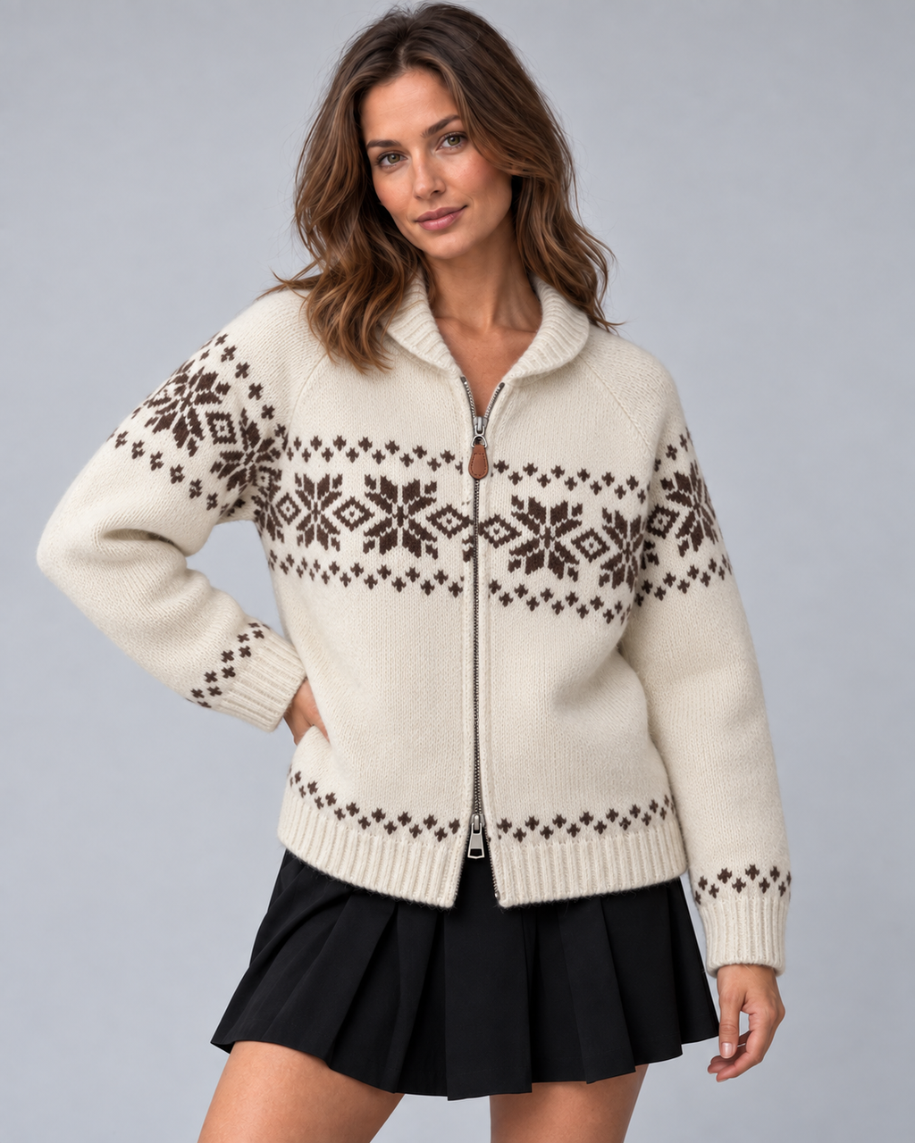 Women's Fair Isle Snowflake Zip-Up Cardigan – Ribbed Collar Two-Way Zip Sweater