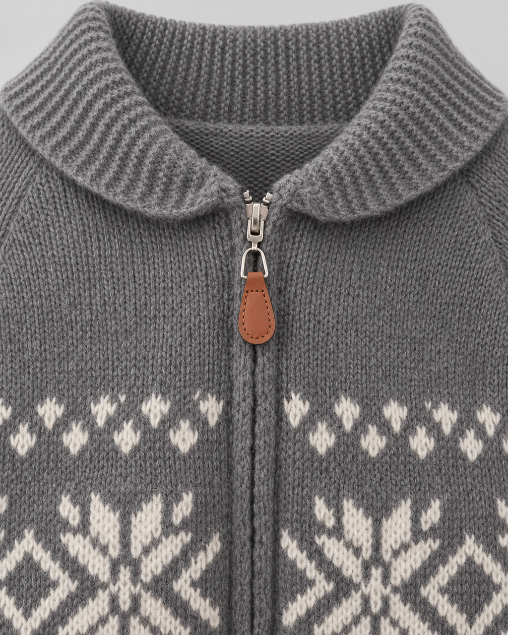 Women's Fair Isle Snowflake Zip-Up Cardigan – Ribbed Collar Two-Way Zip Sweater