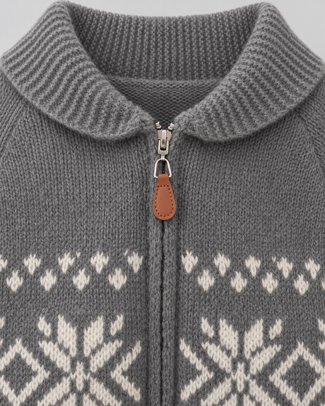 Women's Fair Isle Snowflake Zip-Up Cardigan – Ribbed Collar Two-Way Zip Sweater