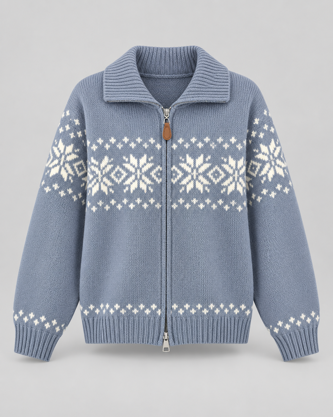 Women's Fair Isle Snowflake Zip-Up Cardigan – Ribbed Collar Two-Way Zip Sweater