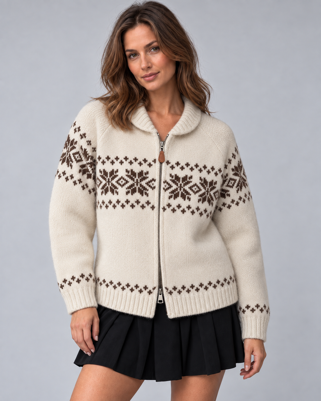 Women's Fair Isle Snowflake Zip-Up Cardigan – Ribbed Collar Two-Way Zip Sweater