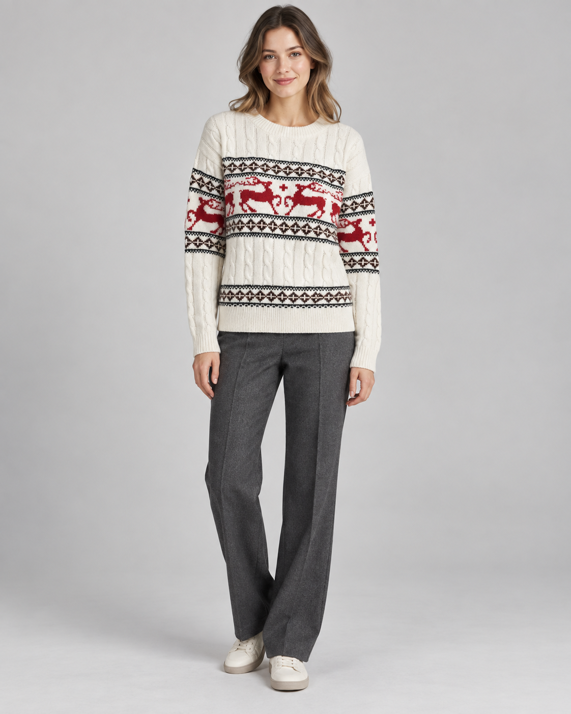 Women's Cable Knit Reindeer Christmas Sweater – Aran Fair Isle Crew Neck in Ivory