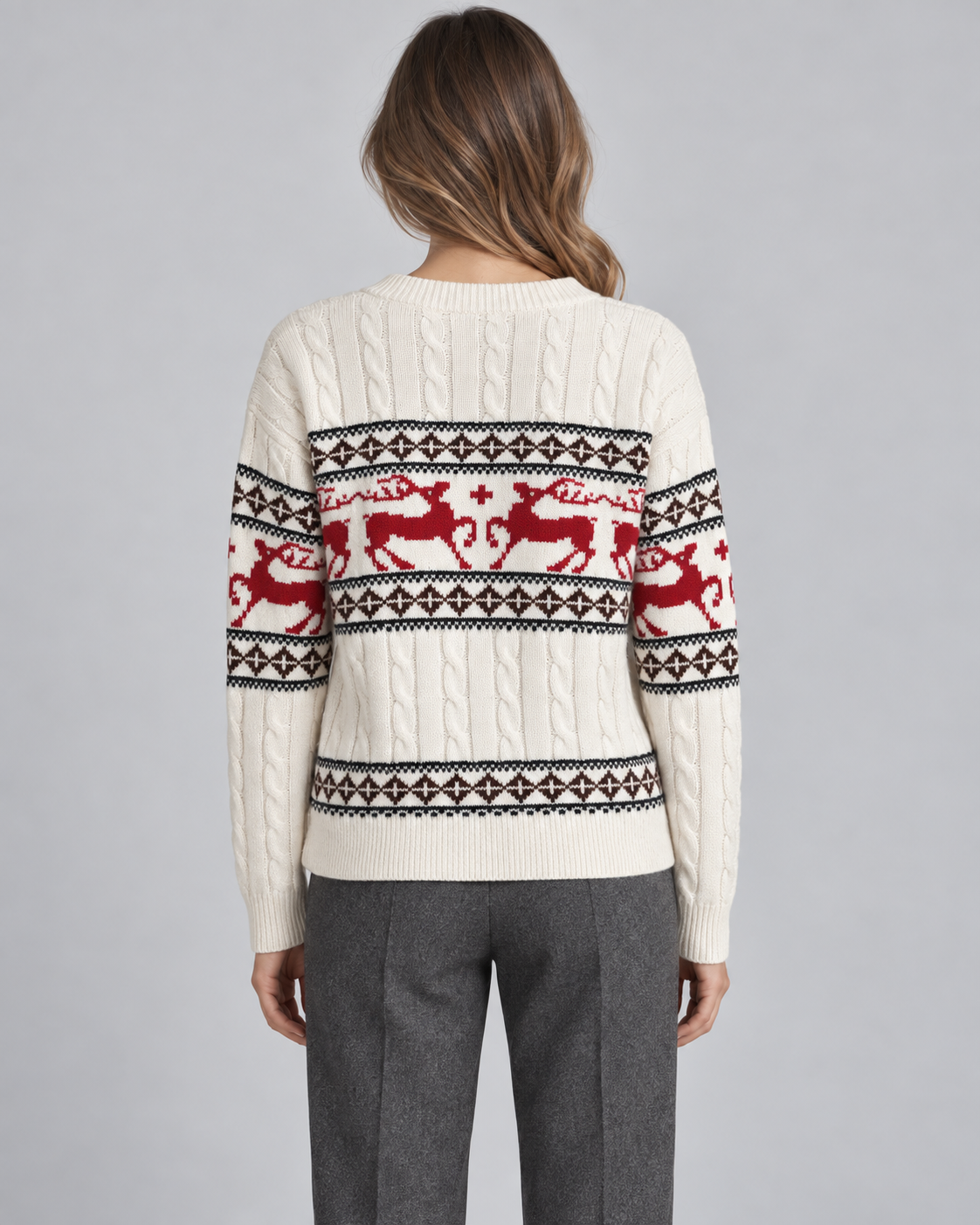 Women's Cable Knit Reindeer Christmas Sweater – Aran Fair Isle Crew Neck in Ivory