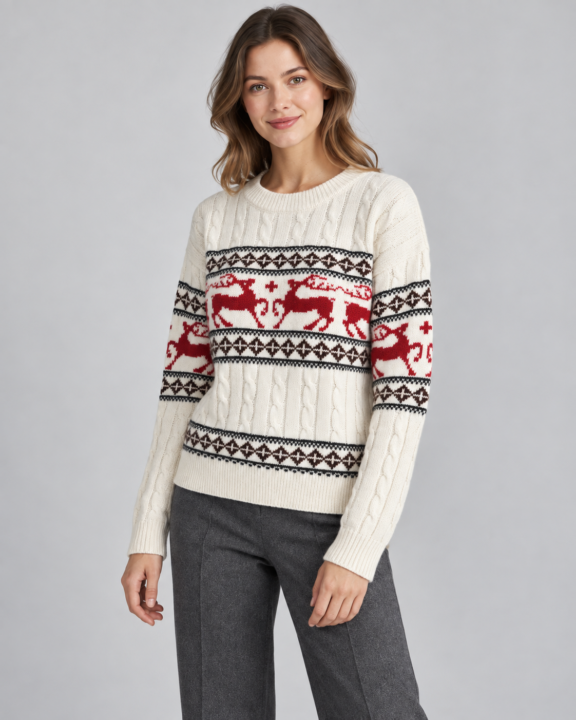 Women's Cable Knit Reindeer Christmas Sweater – Aran Fair Isle Crew Neck in Ivory