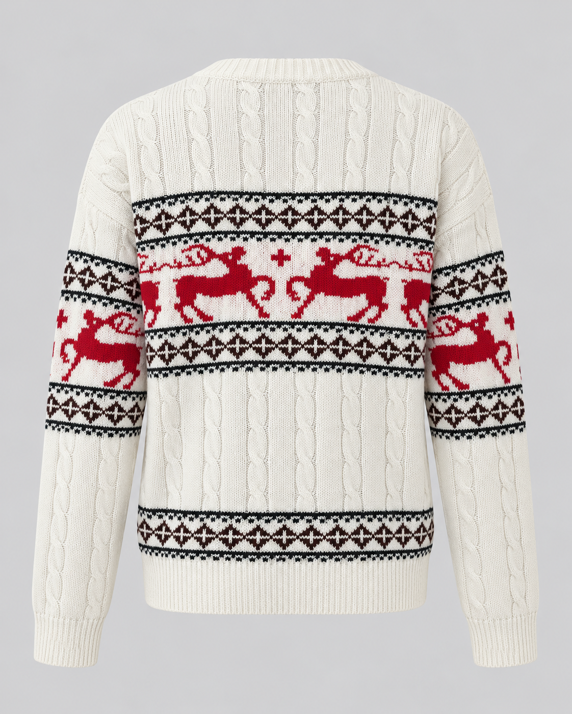 Women's Cable Knit Reindeer Christmas Sweater – Aran Fair Isle Crew Neck in Ivory