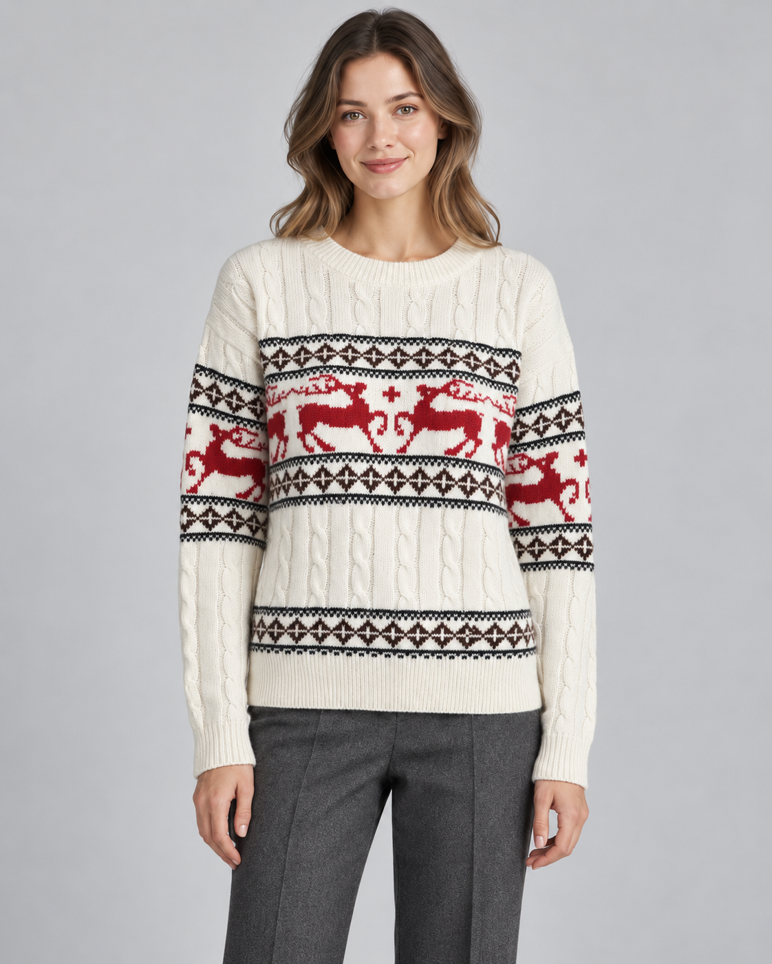 Women's Cable Knit Reindeer Christmas Sweater – Aran Fair Isle Crew Neck in Ivory