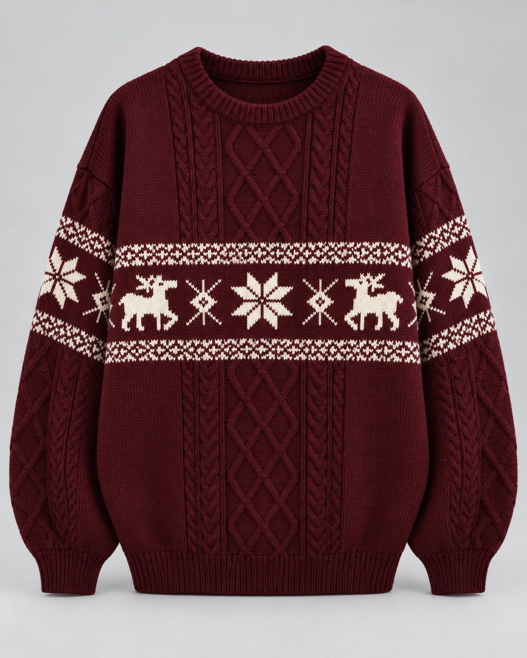 Women's Reindeer Cable Knit Christmas Sweater – Fair Isle Band Holiday Pullover