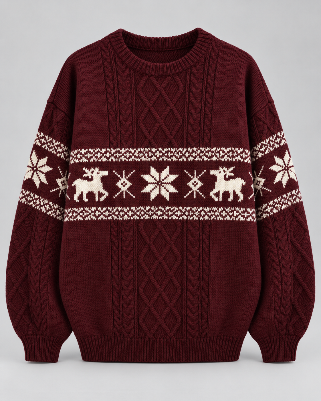 Women's Reindeer Cable Knit Christmas Sweater – Fair Isle Band Holiday Pullover