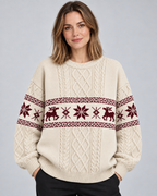 Women's Reindeer Cable Knit Christmas Sweater – Fair Isle Band Holiday Pullover