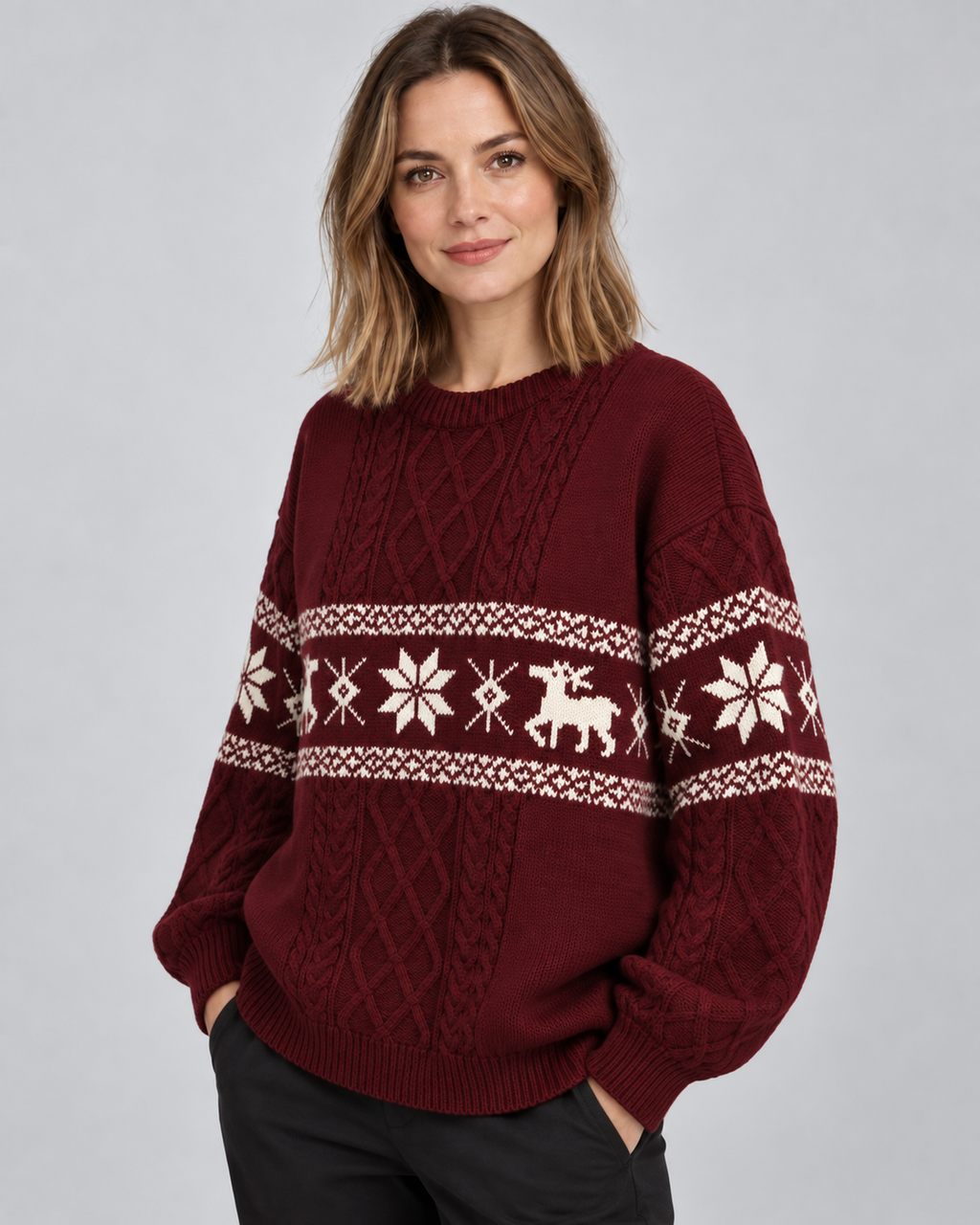 Women's Reindeer Cable Knit Christmas Sweater – Fair Isle Band Holiday Pullover