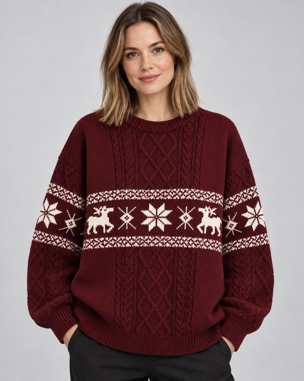 Women's Reindeer Cable Knit Christmas Sweater – Fair Isle Band Holiday Pullover
