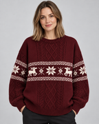 Women's Reindeer Cable Knit Christmas Sweater – Fair Isle Band Holiday Pullover