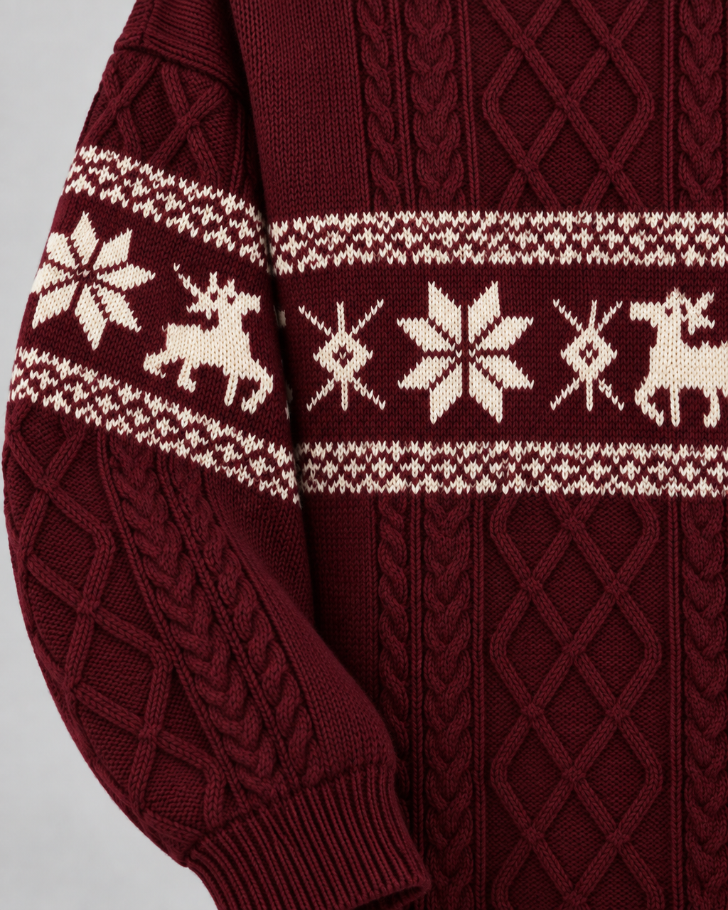 Women's Reindeer Cable Knit Christmas Sweater – Fair Isle Band Holiday Pullover