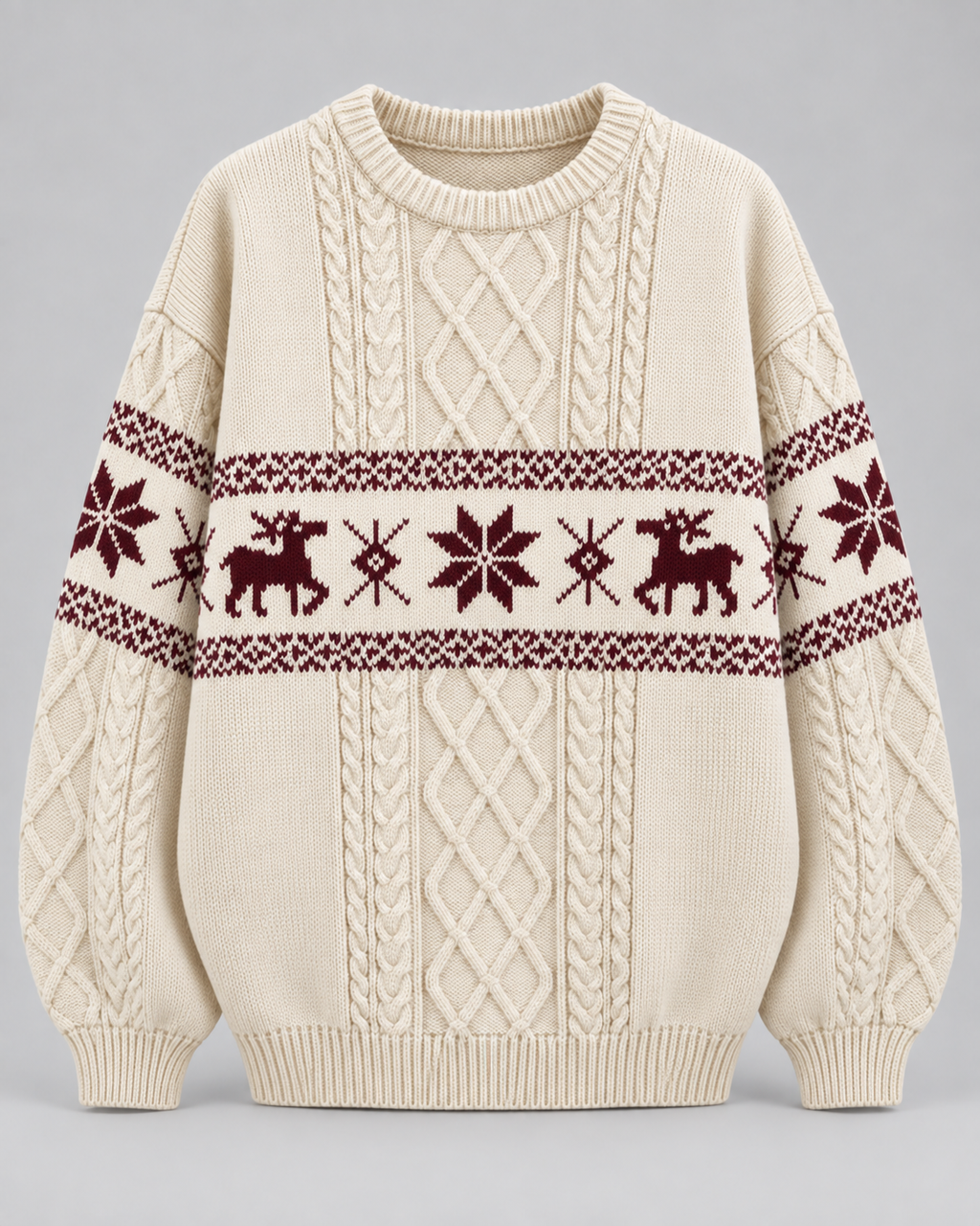 Women's Reindeer Cable Knit Christmas Sweater – Fair Isle Band Holiday Pullover