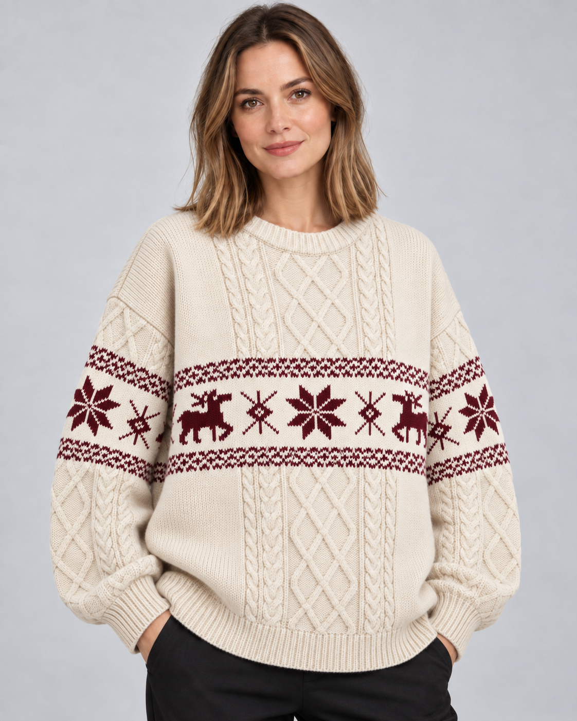 Women's Reindeer Cable Knit Christmas Sweater – Fair Isle Band Holiday Pullover
