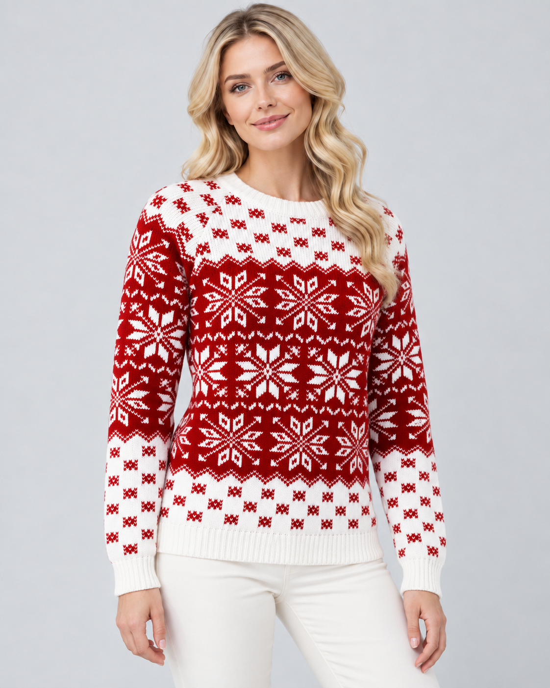 Women's Snowflake Christmas Sweater – Checkered Trim Fair Isle Crew Neck Knit