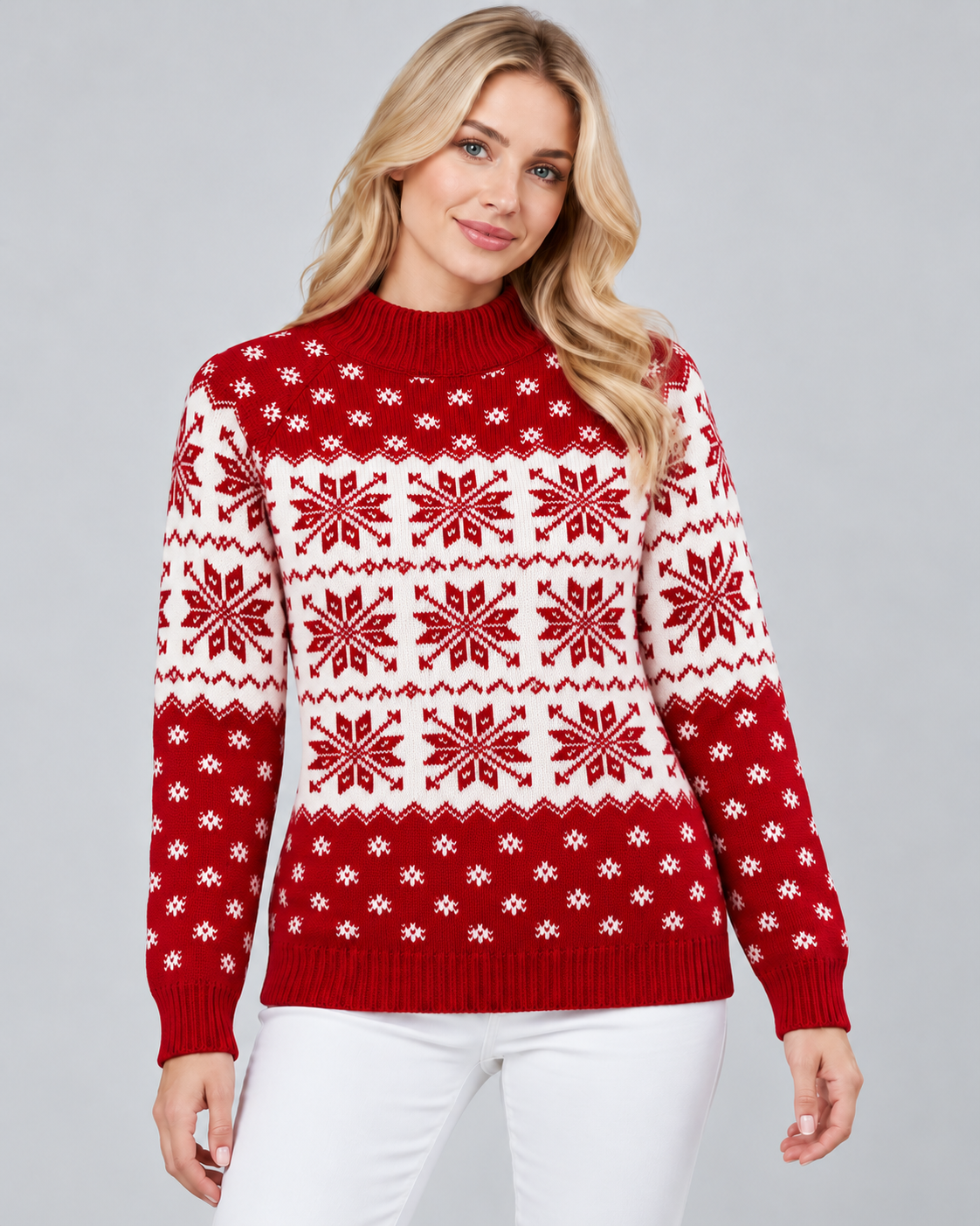 Women's Snowflake Christmas Sweater – Checkered Trim Fair Isle Crew Neck Knit