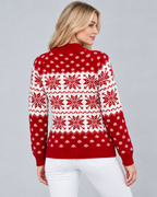 Women's Snowflake Christmas Sweater – Checkered Trim Fair Isle Crew Neck Knit