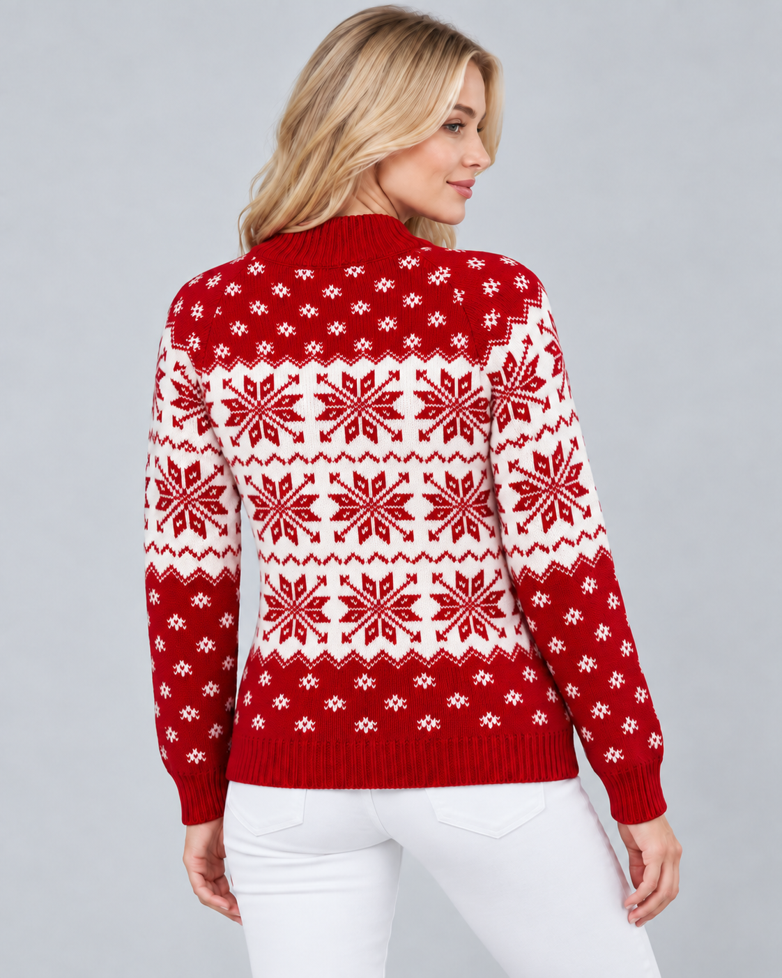 Women's Snowflake Christmas Sweater – Checkered Trim Fair Isle Crew Neck Knit