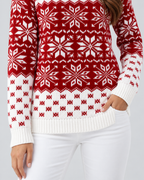 Women's Snowflake Christmas Sweater – Checkered Trim Fair Isle Crew Neck Knit