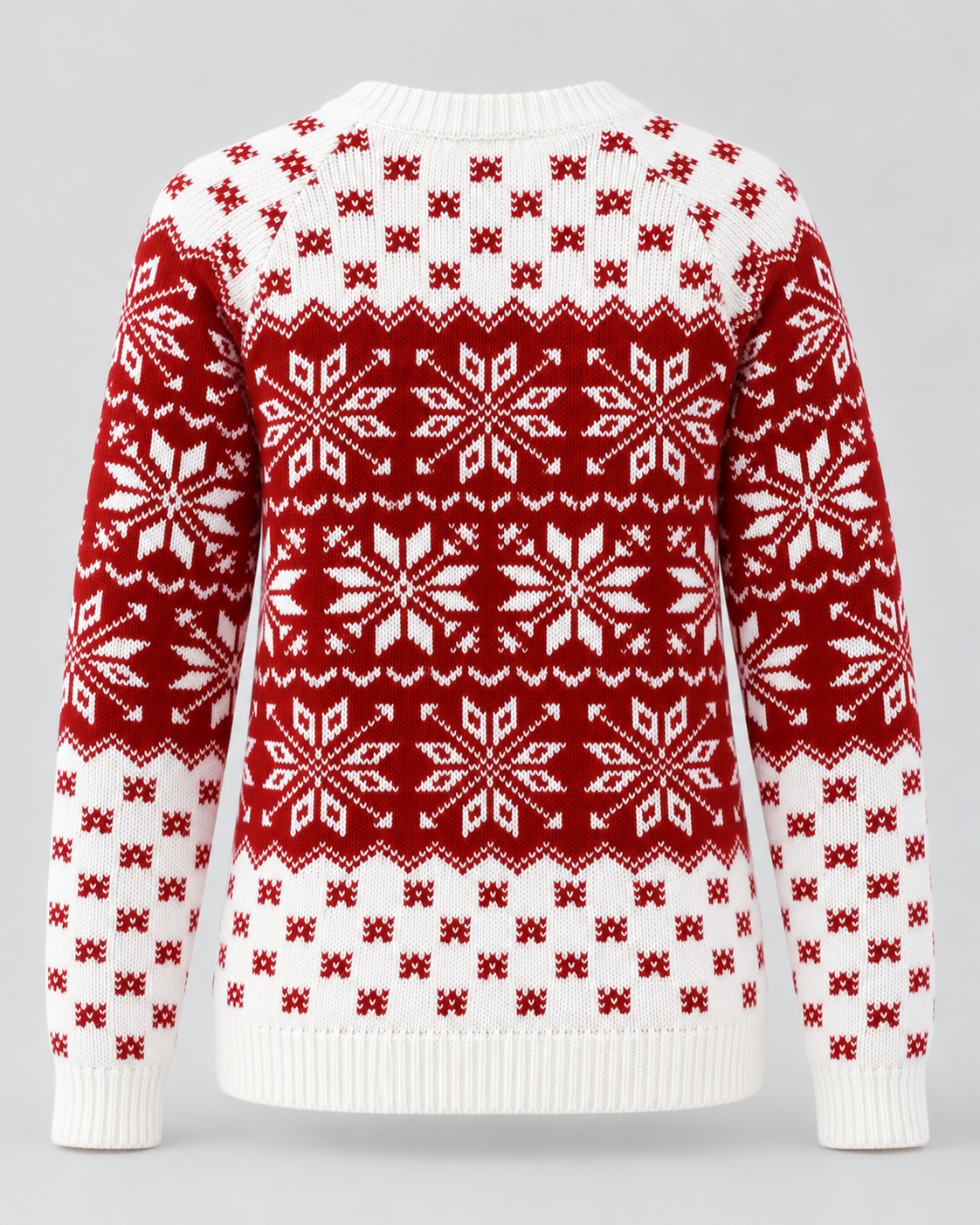 Women's Snowflake Christmas Sweater – Checkered Trim Fair Isle Crew Neck Knit