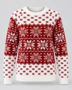 Women's Snowflake Christmas Sweater – Checkered Trim Fair Isle Crew Neck Knit