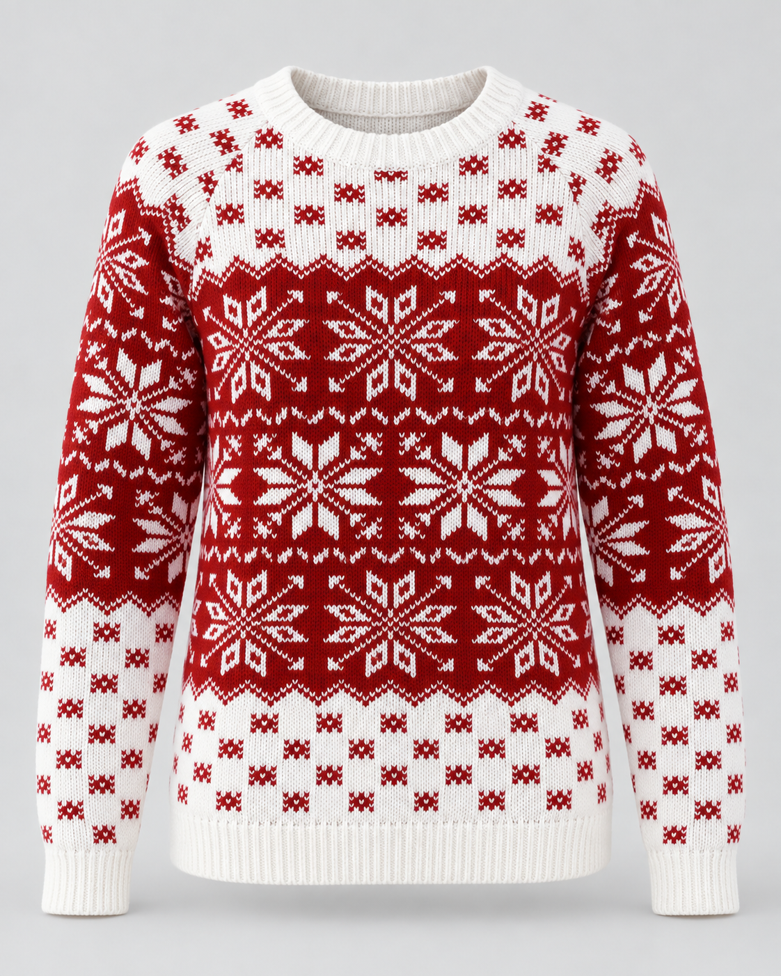 Women's Snowflake Christmas Sweater – Checkered Trim Fair Isle Crew Neck Knit