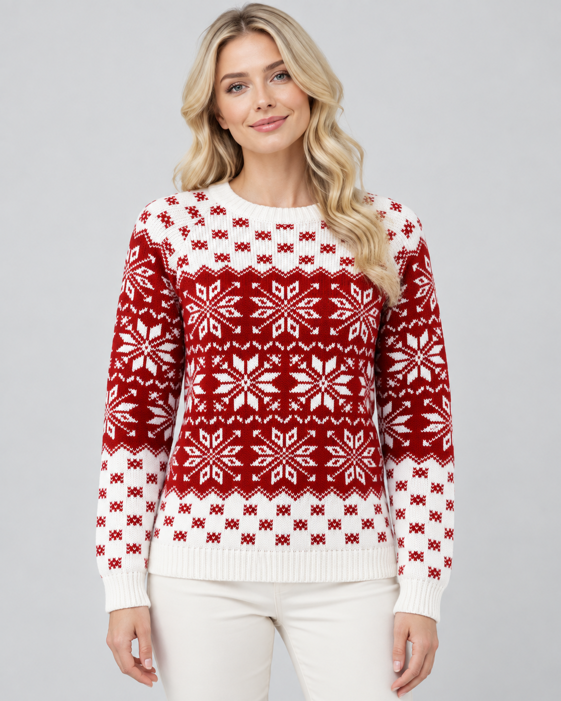 Women's Snowflake Christmas Sweater – Checkered Trim Fair Isle Crew Neck Knit