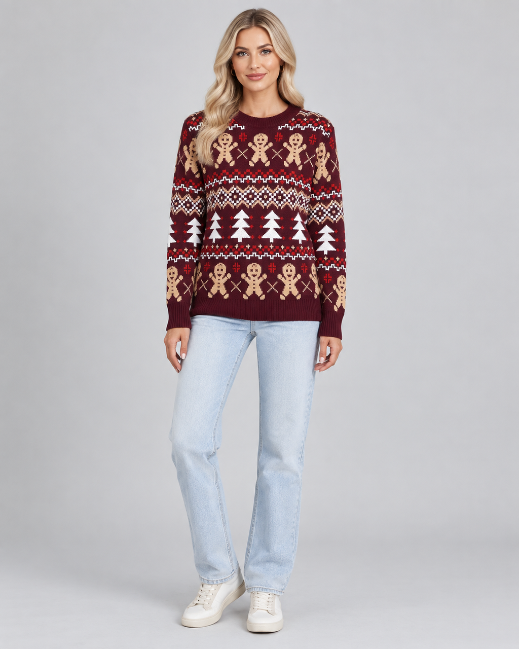 Women's Gingerbread Christmas Sweater – Fair Isle Crew Neck Holiday Knit