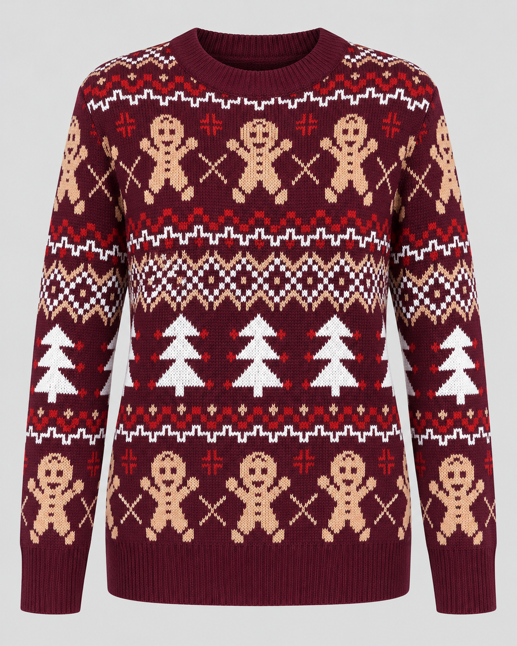 Women's Gingerbread Christmas Sweater – Fair Isle Crew Neck Holiday Knit