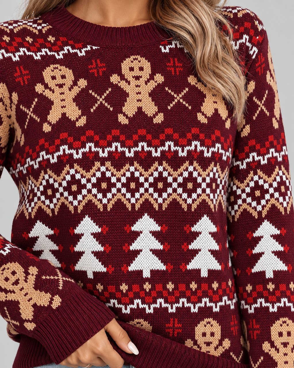 Women's Gingerbread Christmas Sweater – Fair Isle Crew Neck Holiday Knit