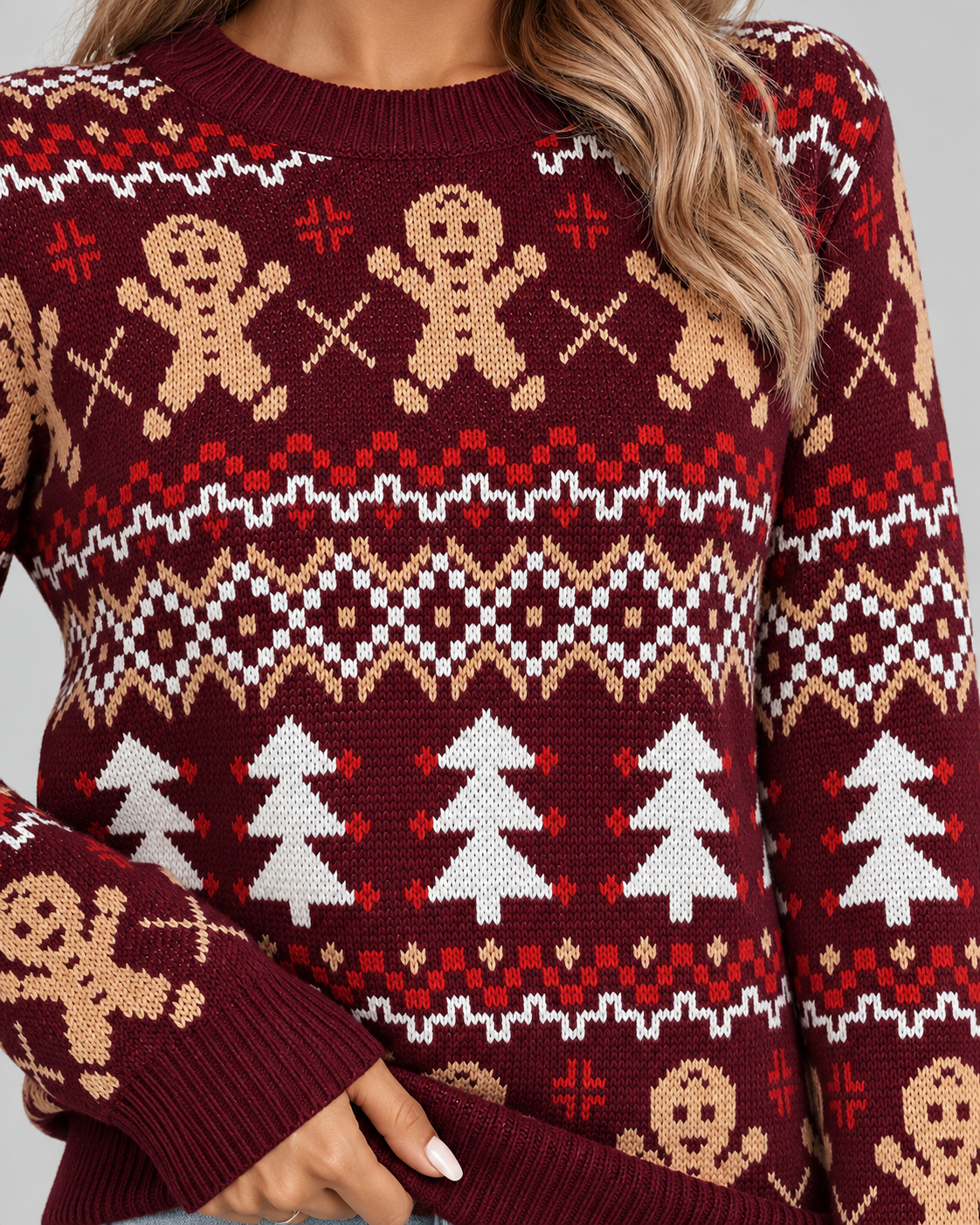 Women's Gingerbread Christmas Sweater – Fair Isle Crew Neck Holiday Knit