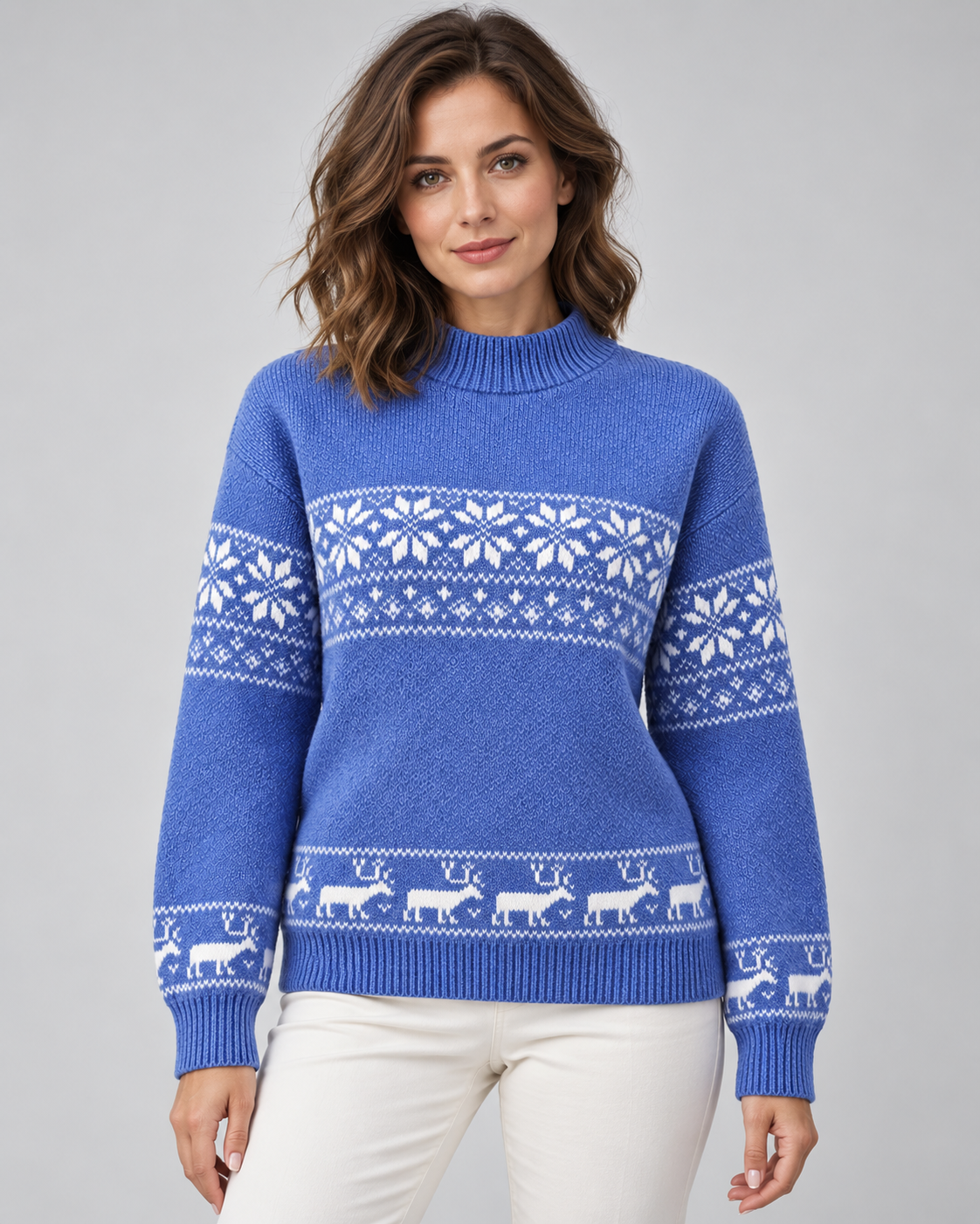 Women's Snowflake and Reindeer Christmas Sweater – Mock Neck Fair Isle Knit