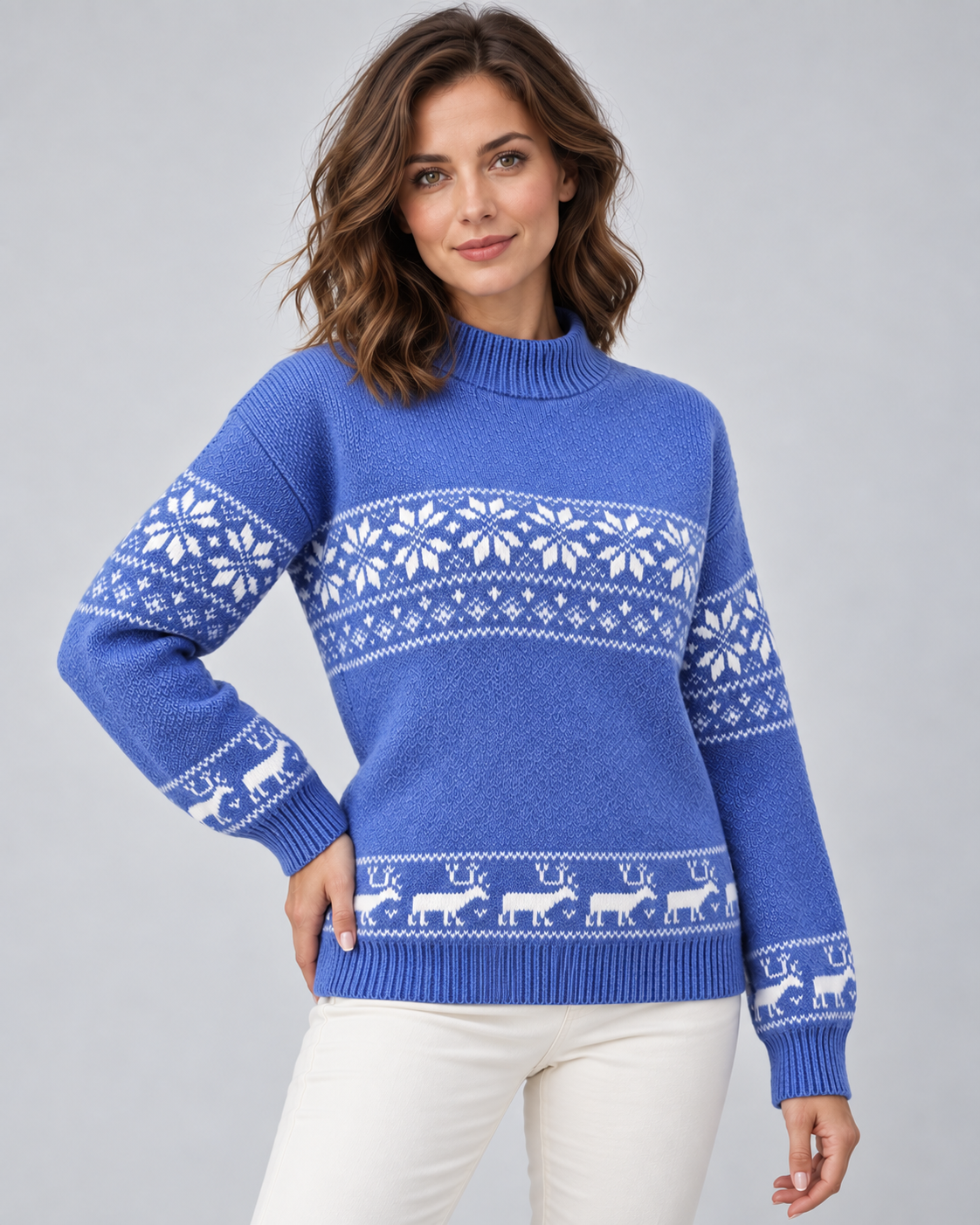Women's Snowflake and Reindeer Christmas Sweater – Mock Neck Fair Isle Knit