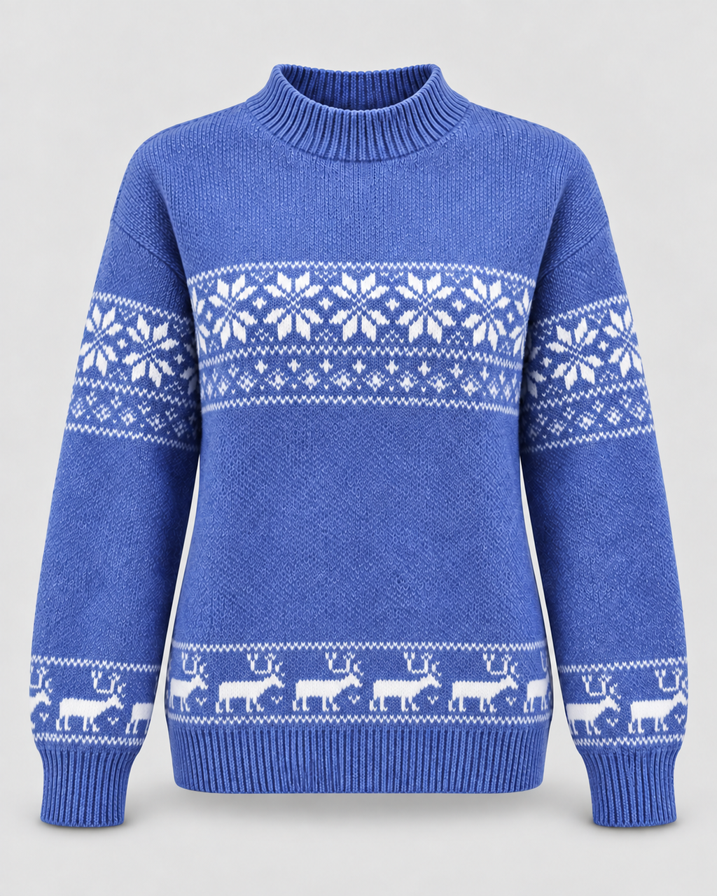 Women's Snowflake and Reindeer Christmas Sweater – Mock Neck Fair Isle Knit