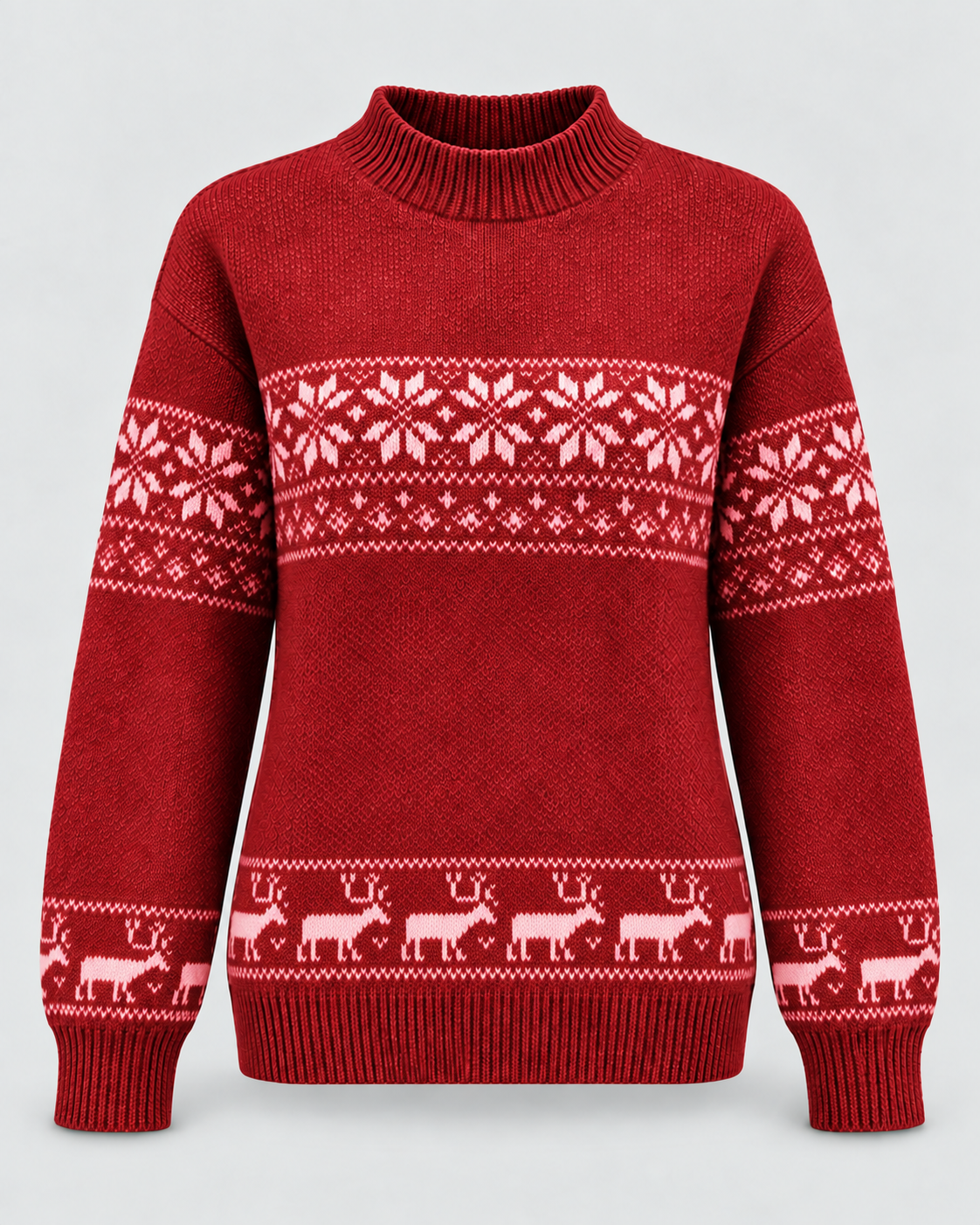 Women's Snowflake and Reindeer Christmas Sweater – Mock Neck Fair Isle Knit