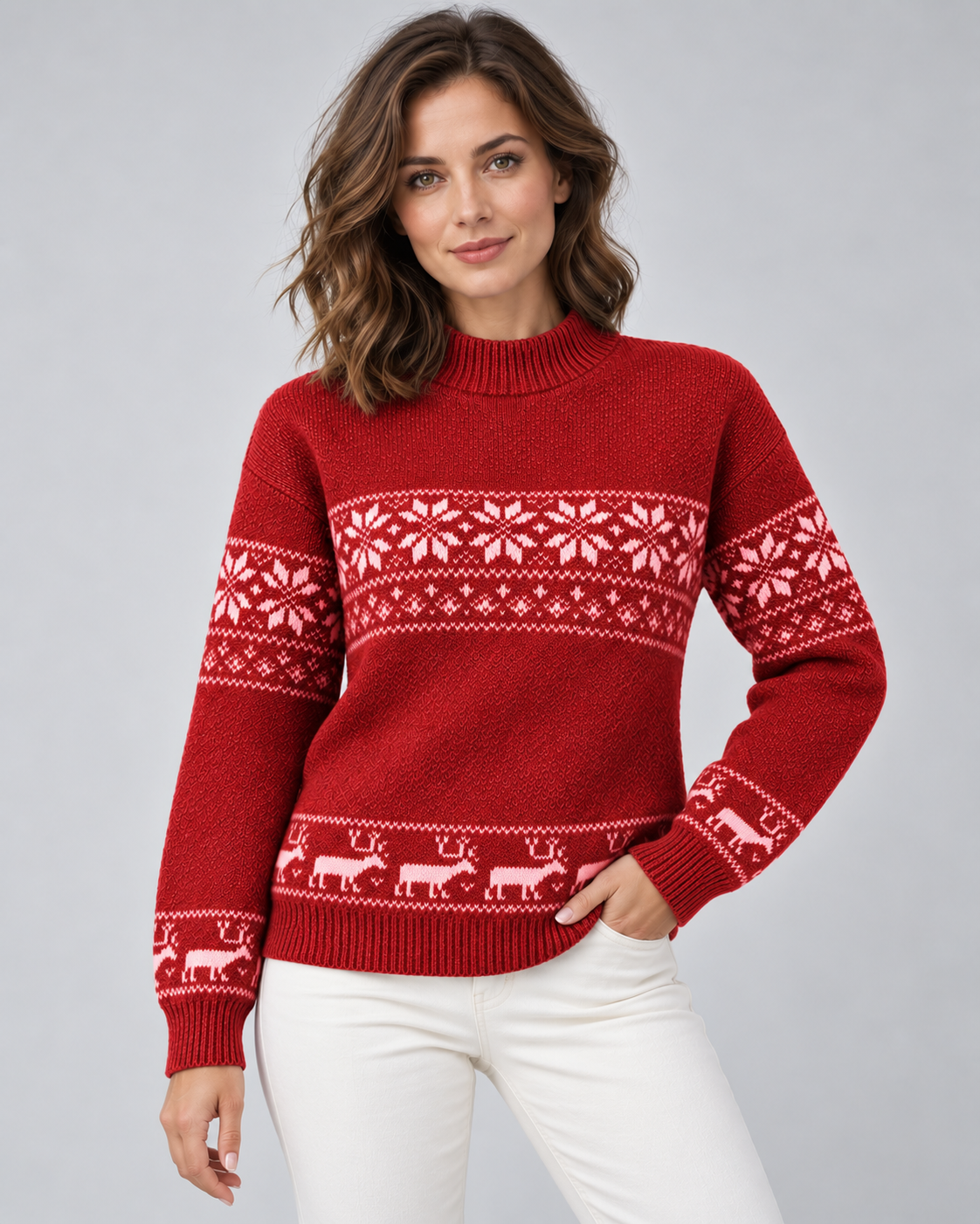 Women's Snowflake and Reindeer Christmas Sweater – Mock Neck Fair Isle Knit