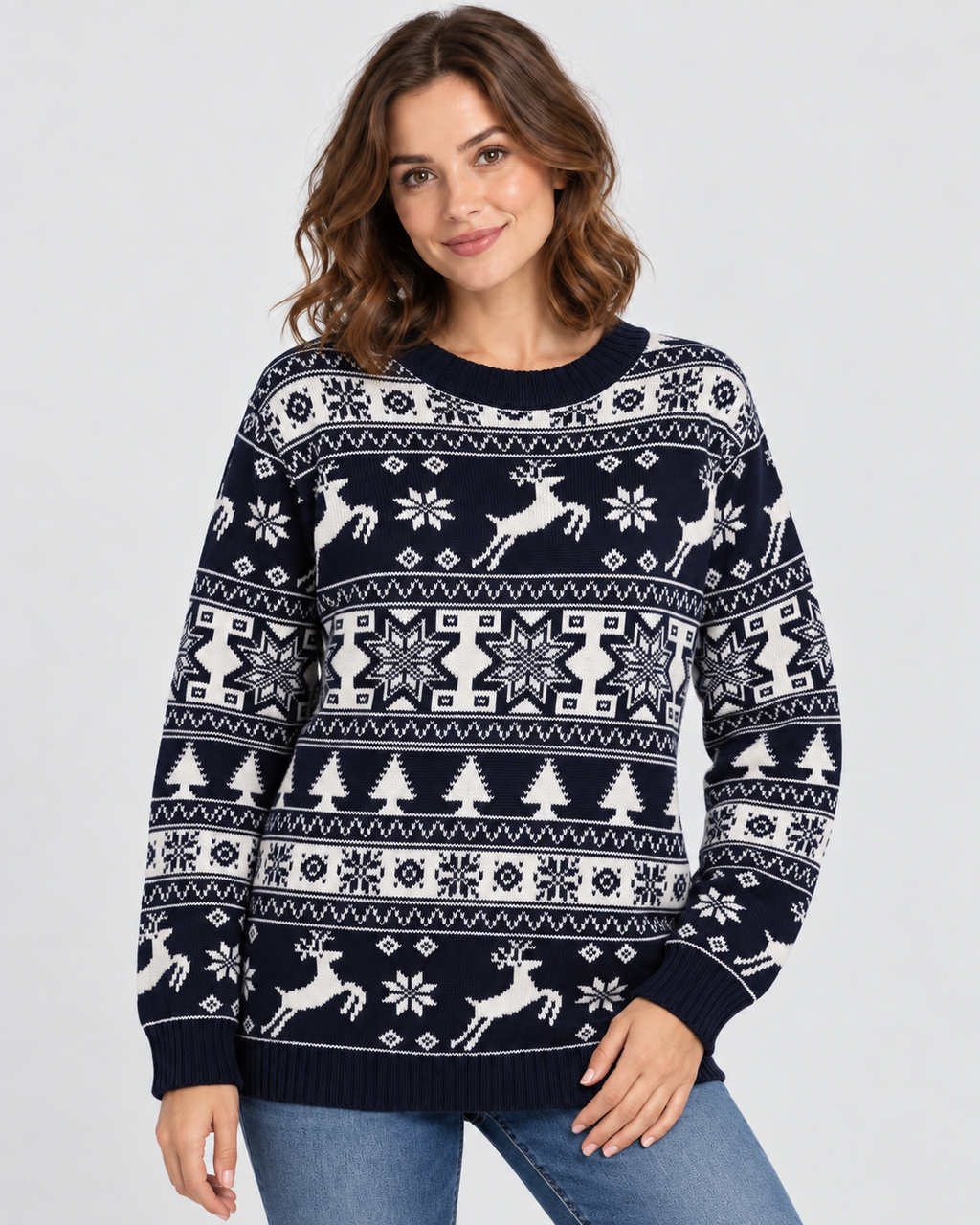 Women's Reindeer and Fir Tree Christmas Sweater – Fair Isle Crew Neck Holiday Pullover