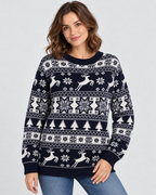 Women's Reindeer and Fir Tree Christmas Sweater – Fair Isle Crew Neck Holiday Pullover