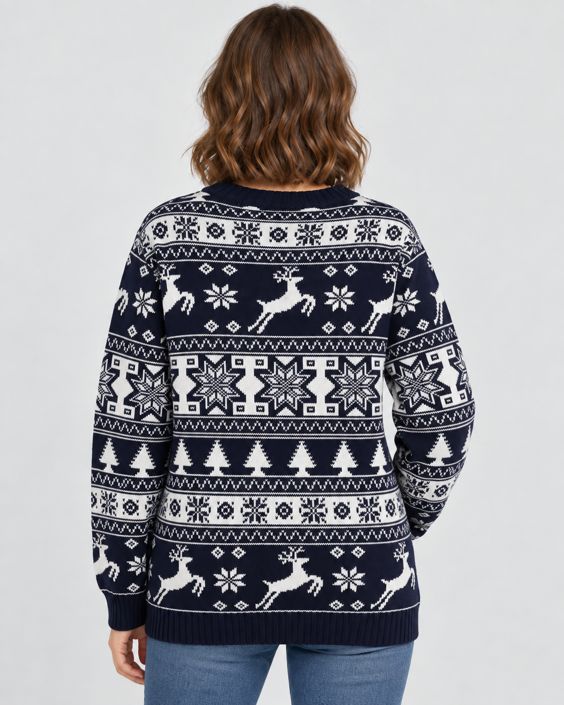 Women's Reindeer and Fir Tree Christmas Sweater – Fair Isle Crew Neck Holiday Pullover