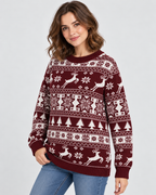 Women's Reindeer and Fir Tree Christmas Sweater – Fair Isle Crew Neck Holiday Pullover