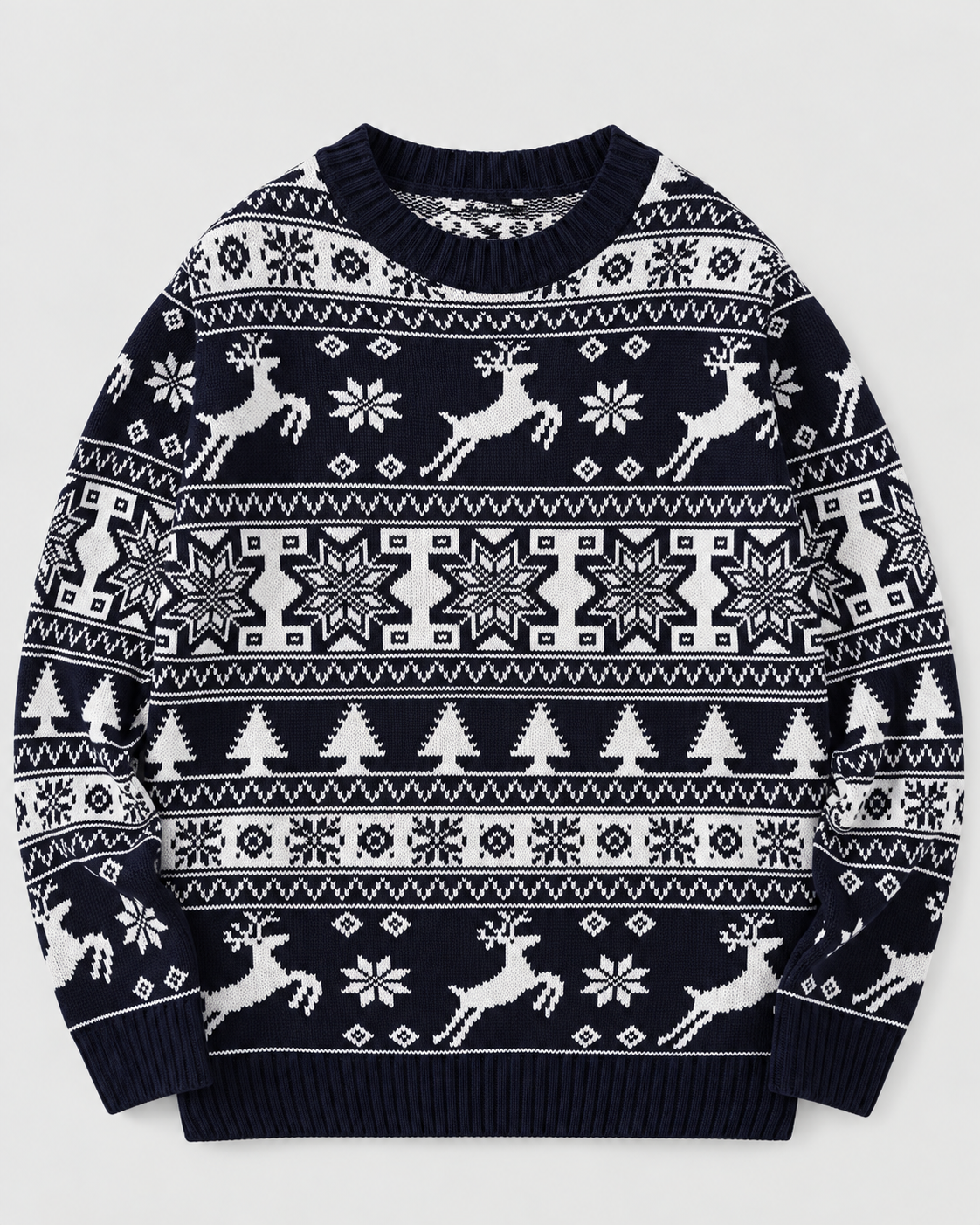 Women's Reindeer and Fir Tree Christmas Sweater – Fair Isle Crew Neck Holiday Pullover