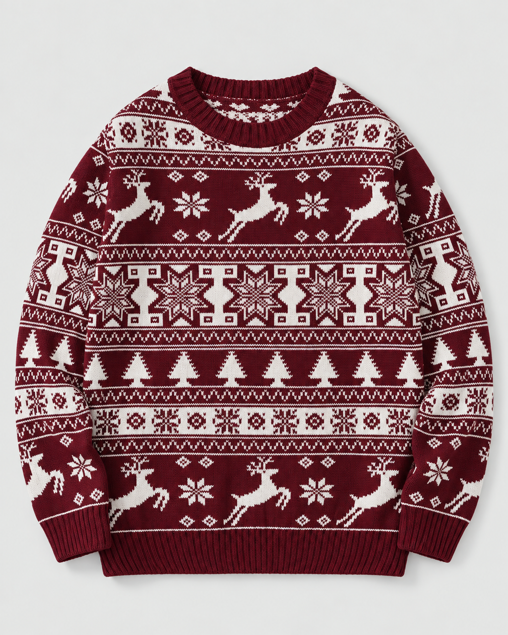 Women's Reindeer and Fir Tree Christmas Sweater – Fair Isle Crew Neck Holiday Pullover