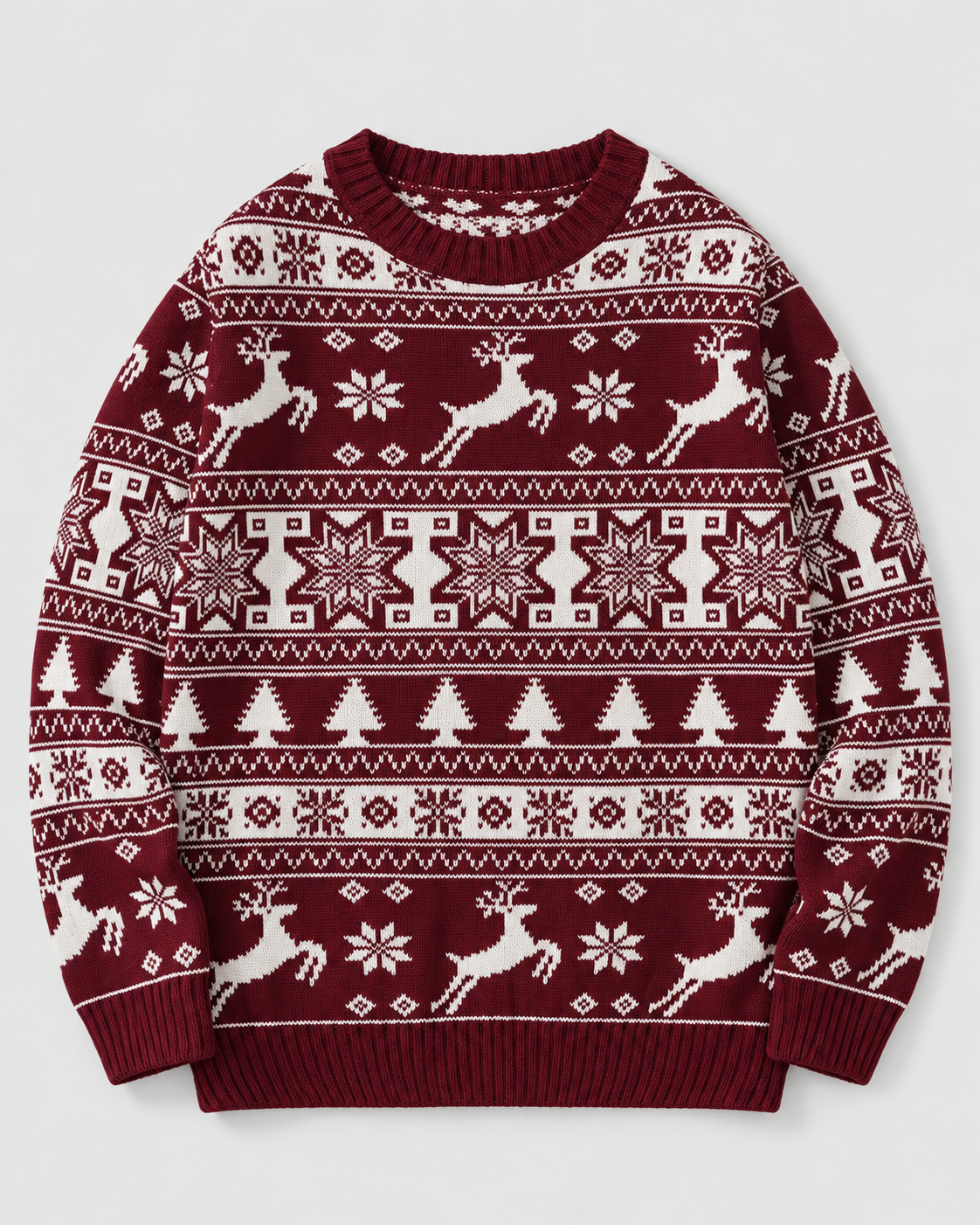 Women's Reindeer and Fir Tree Christmas Sweater – Fair Isle Crew Neck Holiday Pullover