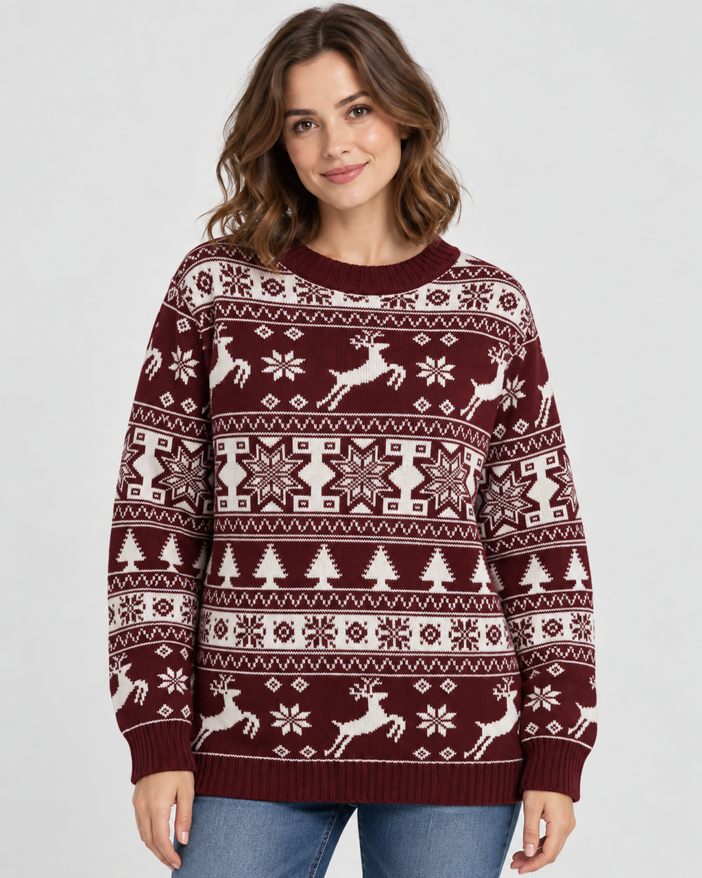 Women's Reindeer and Fir Tree Christmas Sweater – Fair Isle Crew Neck Holiday Pullover