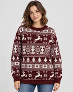 Women's Reindeer and Fir Tree Christmas Sweater – Fair Isle Crew Neck Holiday Pullover
