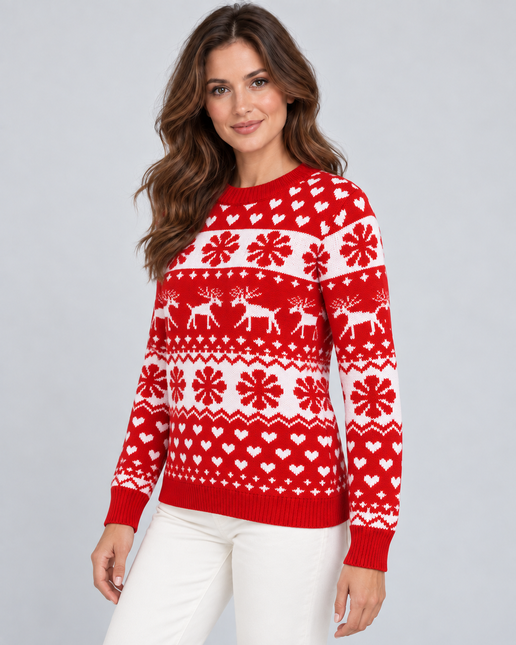 Women's Reindeer Snowflake Christmas Sweater – Fair Isle Crew Neck Holiday Knit