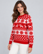 Women's Reindeer Snowflake Christmas Sweater – Fair Isle Crew Neck Holiday Knit