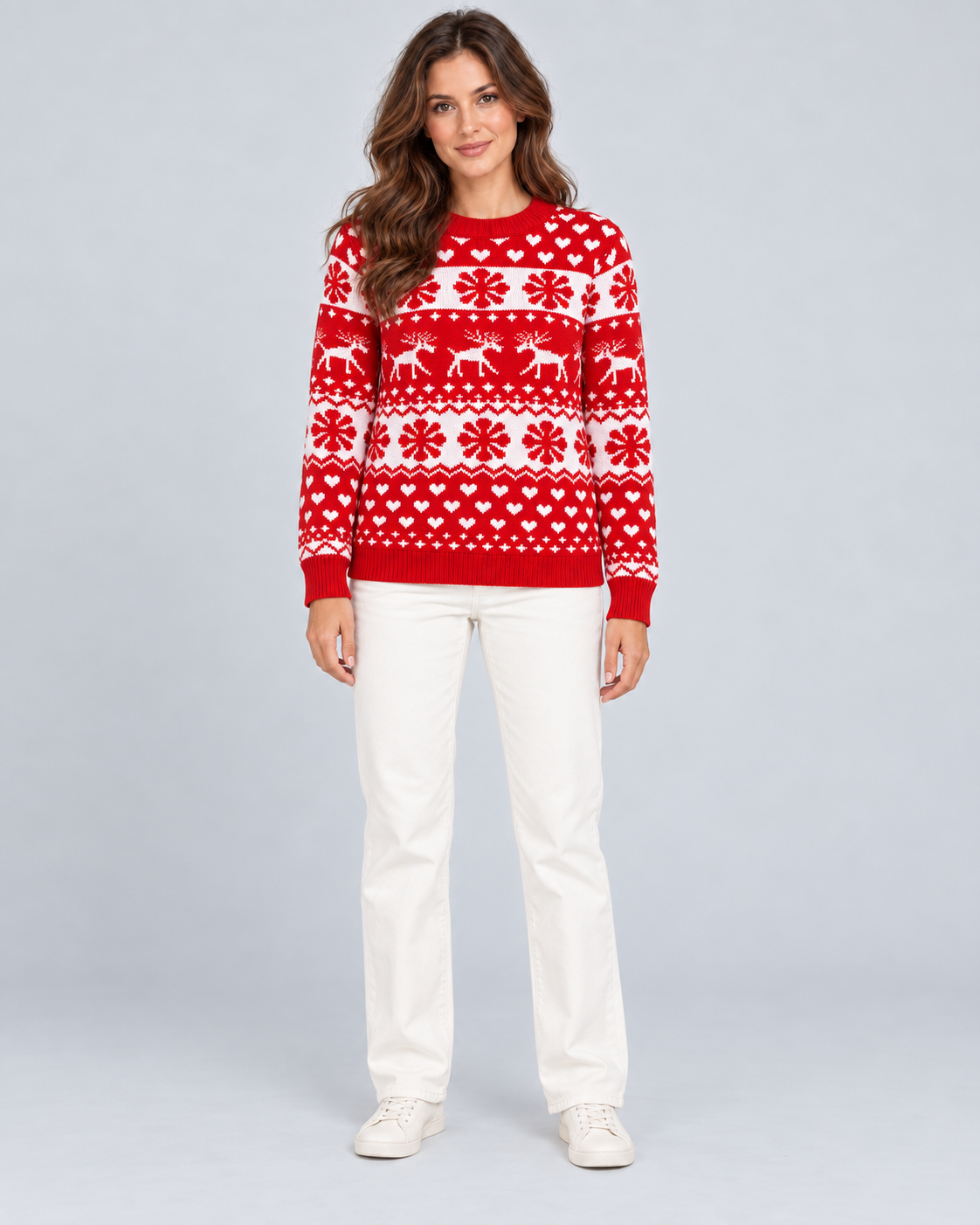 Women's Reindeer Snowflake Christmas Sweater – Fair Isle Crew Neck Holiday Knit